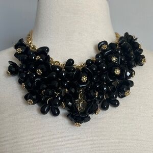 TALBOTS 21" Flower Bead Gold tone Black Statement Cocktail Necklace Jewelry